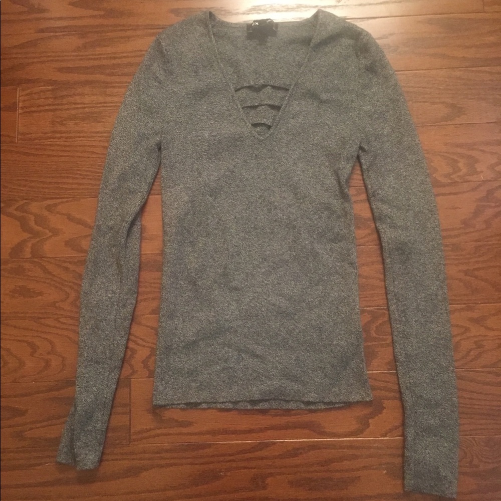 Express Marled Gray Fitted V-Neck Sweater